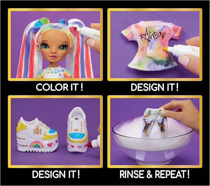 Rainbow High Color & Create Fashion DIY Doll with Washable Rainbow Markers, Green Eyes, Straight Hair in 2 Pig Tails, Bonus Top & Shoes. Color, Create, Play, Rinse and Repeat. Creative 4-12+