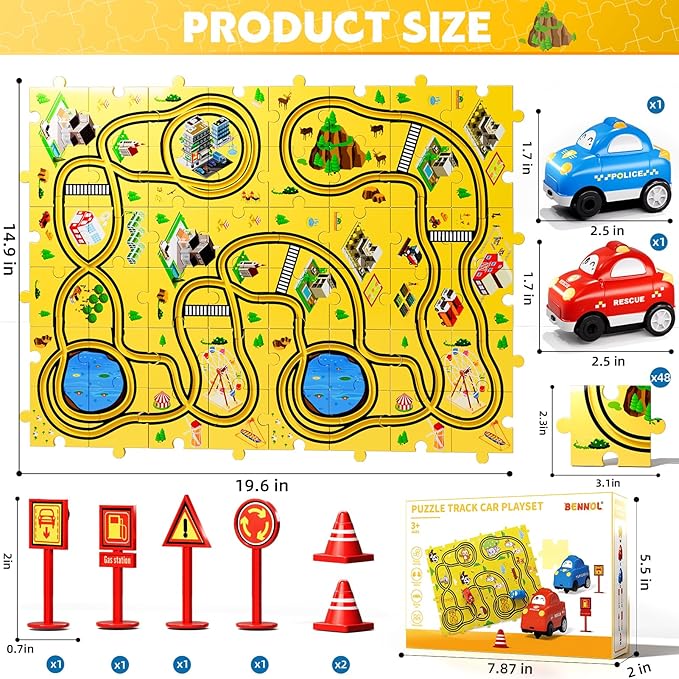 Bennol 56 PCS Puzzle Race Car Track Set Toys for Kids, Floor Puzzle Tracks Car Gifts for 3 4 5 Year Old Boys Kids, Toys Gifts for 3 4 5 Year Old Boys, Puzzle Racer Set for Ages 3-5 4-6