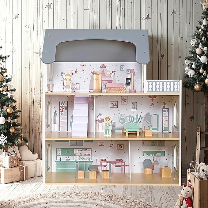 Wooden Dream Playhouse with Balcony, Doll House for Kids with Furniture, DIY Pretend Dolls Play House Toy, Girls Dollhouses Toys with 12 PCS Accessories, Birthday Gifts for Boys & Girls Ages 3+