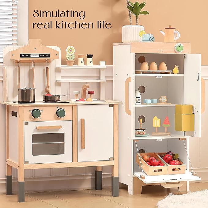 PairPear Kids Play Kitchen Toy Refrigerator, Wooden Toy Fridge Freezer Set for Kids, Toddler Kitchen Playset with Pretend Play Kitchen Acessories, Play Food Gift for Boys & Girls Age 3+