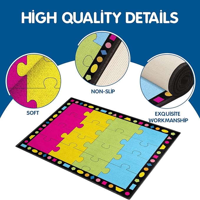 Booooom Jackson Classroom Rug 16 Seats 6'5"x8'5" Colorful Puzzle Seating Preschool Rug with Non-Slip Backing
