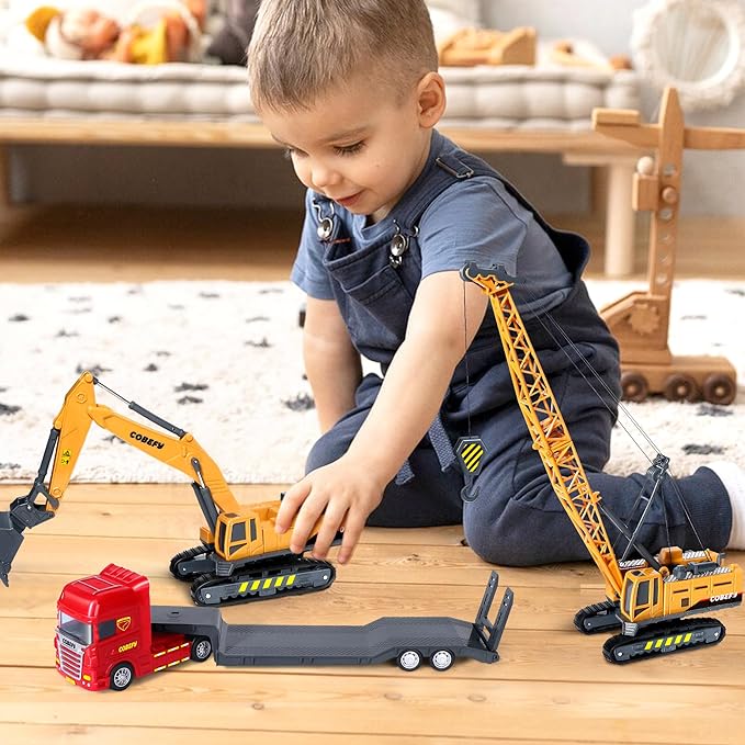 Kids Construction Toys for Boys, Excavator and Crane Trucks, Semi Truck Trailer Lowboy Tractor, Construction Playset for Toddlers, Gift for 3 Years Old and Up, Ideal Birthday Party Favor