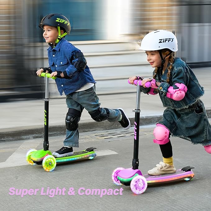 ZIFFY Kids Scooter for Boys & Girls LED Light-Up Wheels, 4 Adjustable Height Handlebars, and Lean-to-Steer Design with Anti-Slip Wide Deck for Stability - Up to 110LBS