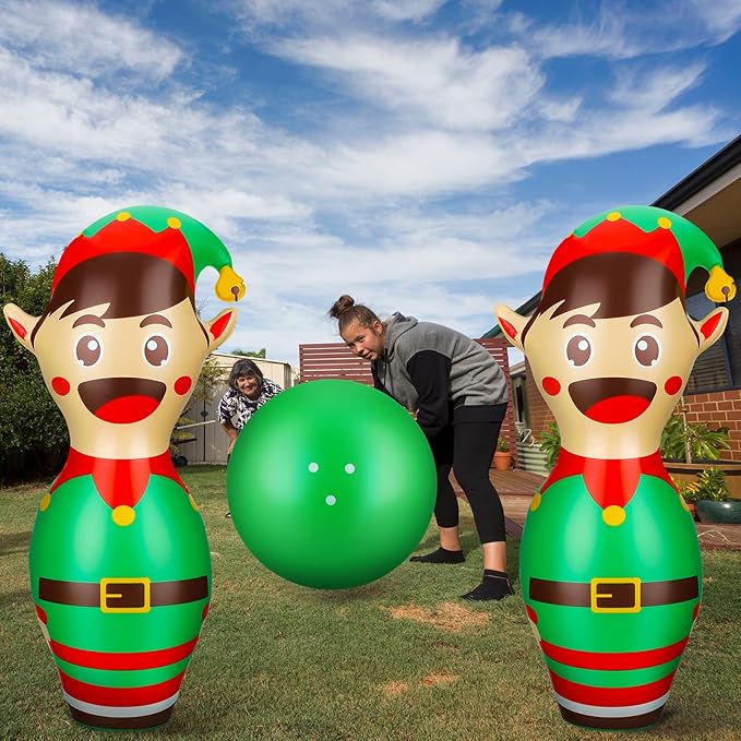 Wettarn 7 Pcs 27 in Giant Christmas Inflatable Bowling Set Elf Inflatable Games for Kids Adult Christmas Party Games Holiday Carnival Family Indoor Outdoor Garden Backyard Lawn Fun Xmas Decor