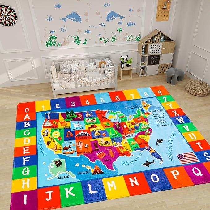 USA Map ABC Kid Rug 47x70.9IN for Playroom & Classroom - Fluffy, Non-Slip, Educational Baby Playmat with Alphabet Design