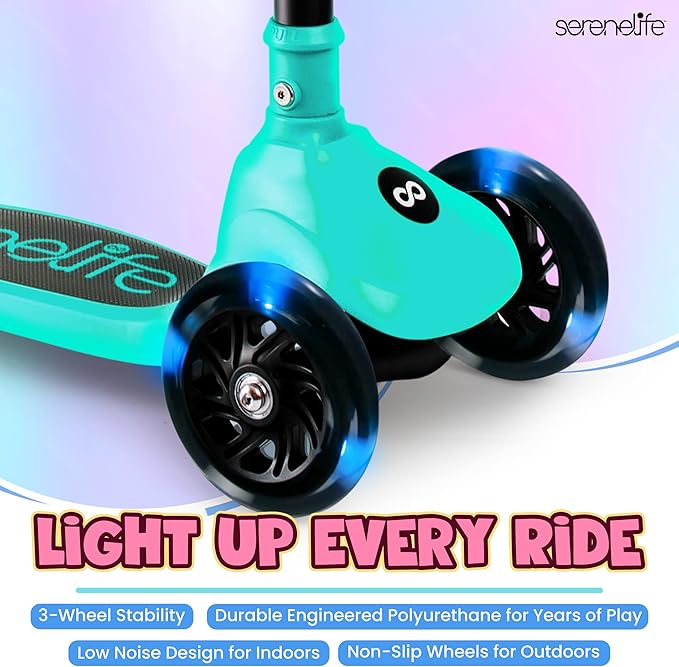SereneLife 3 Wheel Foldable Kids Scooter - Foldable Seat, LED Wheel Lights, Adjustable Handlebar, Rear Foot Brake, Lean-to-Steer, Anti-Slip Deck, Ideal for Toddlers Kids 3+, up to 110Lbs