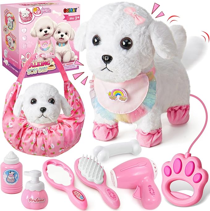 Golray Remote Control Toy Dog with Leash for Kids Girls, Electronic Interactive Plush Puppy Can Walk Bark, Stuffed Animal Dog Pet Care Pretend Play Set Gifts for Girl Kid Toddler 3 4 5 6 7 8 Years Old