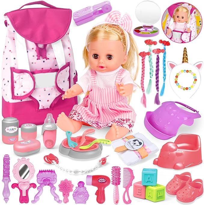 Baby Care Doll Toys Set, 36PCS Doll Playset, Hair Salon Pretend Play Toddler Doll Toys Incl 14'' Baby Doll Toy, Backpack, Hair Dryer, Hair curler, Xmas Gifts for Age 3 4 5 6+ Years Old Girls Kids