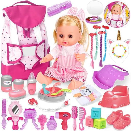 Baby Care Doll Toys Set, 36PCS Doll Playset, Hair Salon Pretend Play Toddler Doll Toys Incl 14'' Baby Doll Toy, Backpack, Hair Dryer, Hair curler, Xmas Gifts for Age 3 4 5 6+ Years Old Girls Kids
