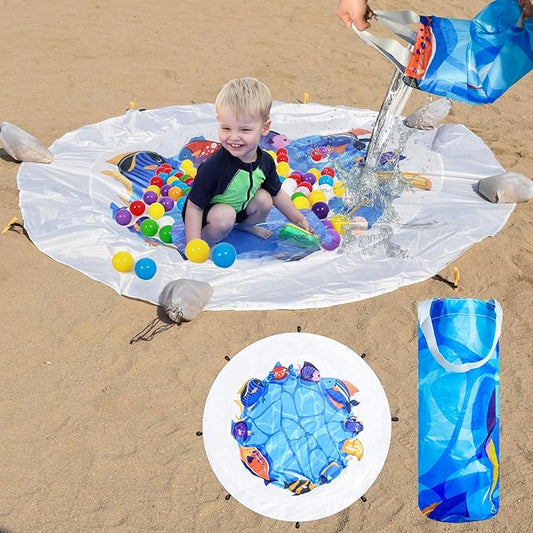 Dia 6.5Ft Baby Beach Pool, 2 in 1 Portable Round Kids Beach Play Pool Puddle Toddler Beach Blanket and Kiddie Pools Blue Cartoon Childs Sand Pit Paddling Pools with Water Bag for Boy Girl Outdoors