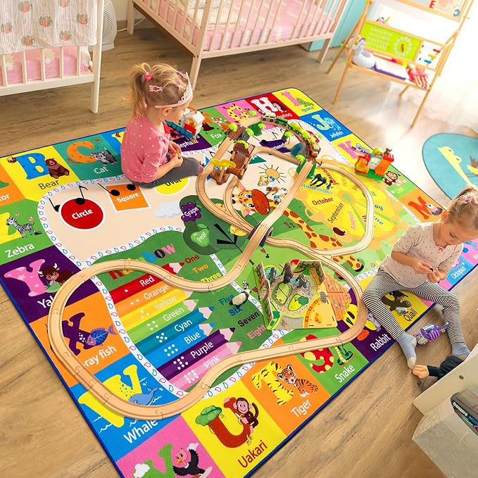 Playroom Rug Baby Play Mat for Floor ABC Rug for Kids Educational and Fun Playmat with Alphabet Animals Shapes Colors 5x7 Area Rug Learning Rugs for Toddler Children Game Activity