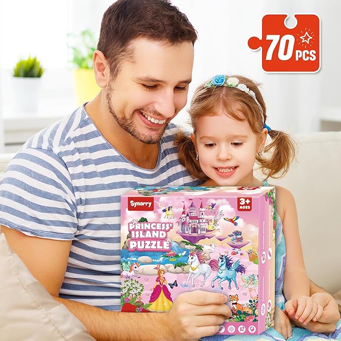 SYNARRY Unicorn Princess Mermaid Fairy Floor Puzzle for Kids Ages 3-5, Large 70 Piece Wooden Puzzle for Kids Ages 4-6, Preschool Toys Gifts for 3 4 5 6 7 8 Years Old Boys Girls Children