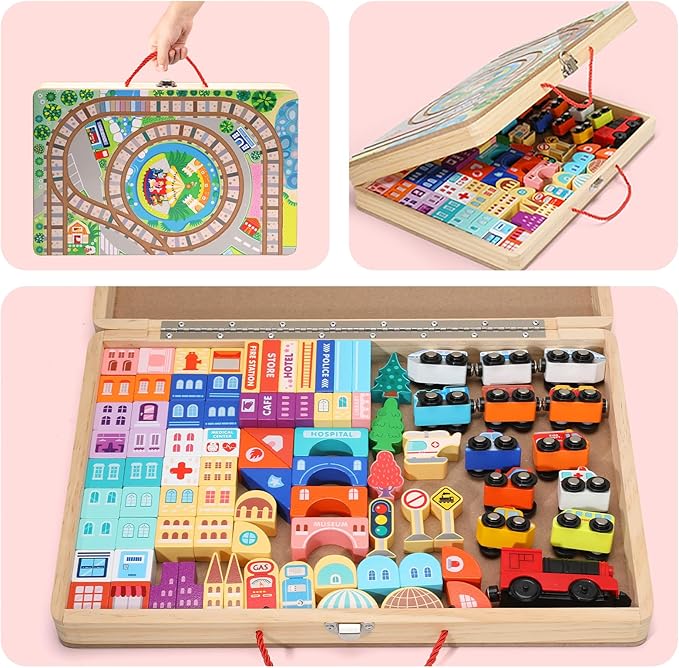 Large Wooden Building Blocks Set, Electric Train City Construction Stacking Blocks Preschool Learning Educational Toys,Wooden Take-Along Tabletop Railroad Play Set for Toddlers
