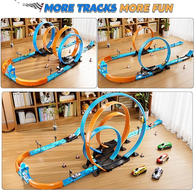 Toy Car Race Track Set for Boys Kids Age 3-5 4-7, Race Tracks with 4 High-Speed Pull Back Race Cars and Crash Zones, Christmas Halloween Birthdays Gifts Toys for Boys Kids 4-6 8-12 Years Old