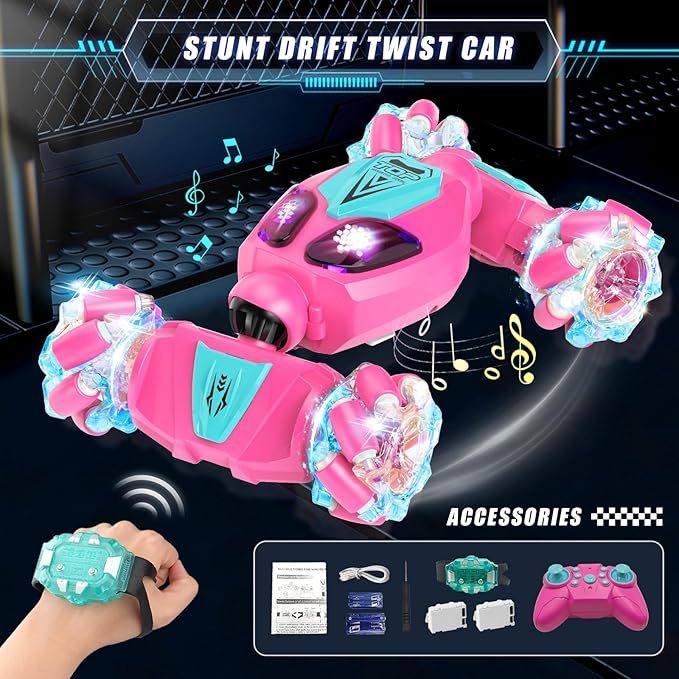 Gesture Sensing RC Stunt Car, Birthday Gifts Toys for Kids, 5-7 6-12 8 9 10 11 Years Old Boys and Girls Remote Control Car, Modular Battery, Type C Charging, 360° Rotating, 4WD Drift (Barbie-powder)