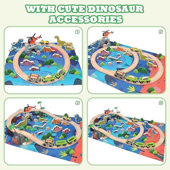 80Pcs Wooden Train Set, Dinosaur Wooden Train Track Set, Wood Toy Train Set for Toddlers 2-4, Train Toys for Toddlers 3-5, Fits Thomas, Fits Brio, Fits Melissa and Doug
