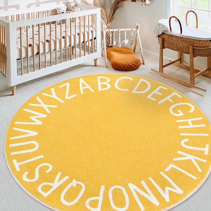 Topotdor Round Kids Play Rug Alphabet Nursery Area Rug Extra Large Soft Crawling Play Mat for Children Toddlers Bedroom (47 inch, Yellow)