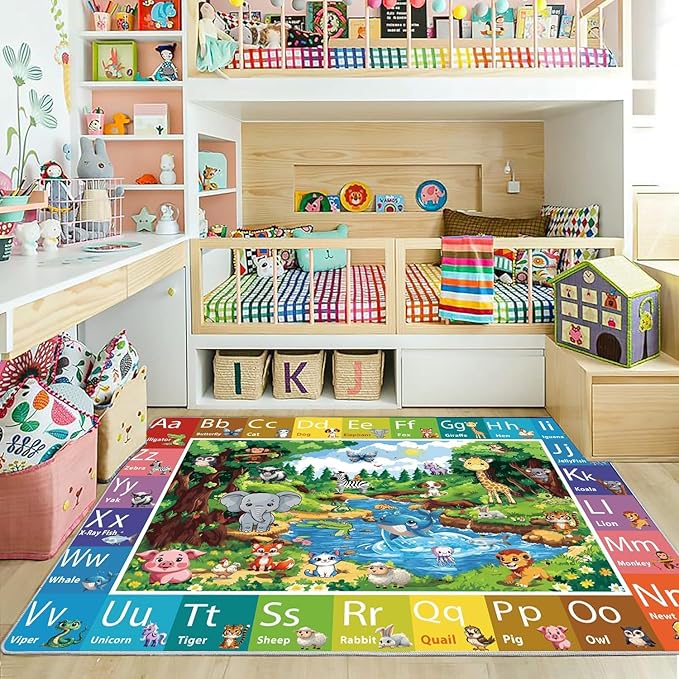 ABC Rug for Kids Room, ABC Baby Mats for Floor Toddlers, Non Silp Alphabet Play Mat Elementary Preschool Kid's Rugs with Animal Illustrations - (59X39.4 Inches)
