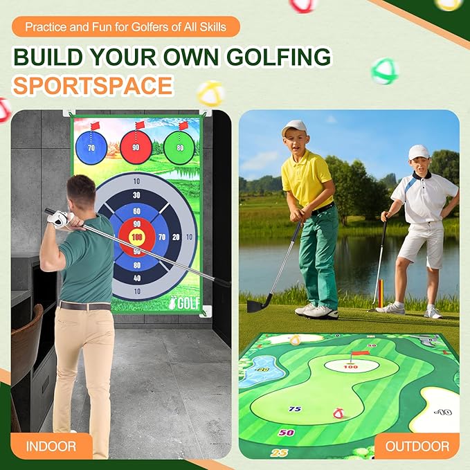 Double-Sided Chipping Golf Game Mat and Darts Mat with Clubs, Thickened and Durable, Indoor and Outdoor Sticky Golf Game Equipment for Adults and Family Kids