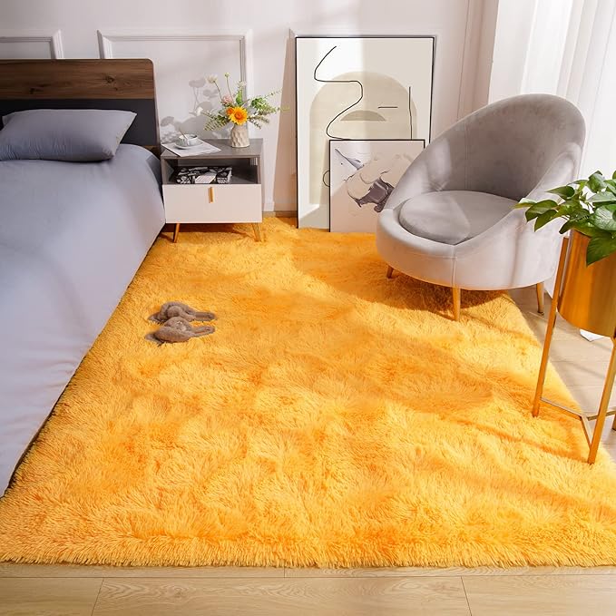 Amearea Shag Fluffy Area Rug for Bedroom Girls Living Room, Extra Soft and Fuzzy Shaggy Rugs, Non Slip, Solid Color Carpet Mat for Boys Nursery Home, Orange 6x9 Feet