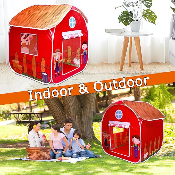 Kids Play Tent, Pop Up Barn for Kids, Indoor Outdoor Folding Portable Playhouse for Boys and Girls