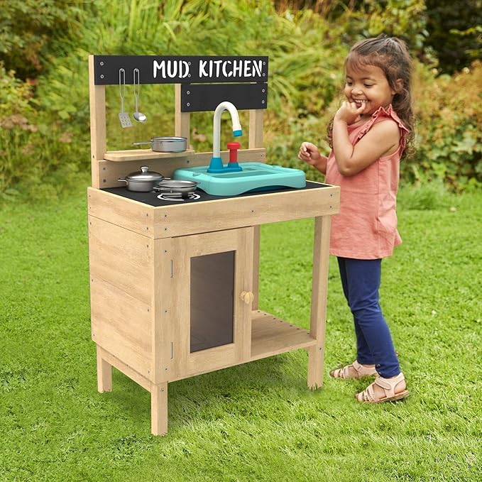 Mud Play Kitchen For Kids - Indoor, Outdoor Toddler Toys Wooden Kitchen Playset w/ Accessories, Sink with Faucet, Durable, Weatherproof, Chalkboard, Wood Burner Stencils, Easy Assembly, Age 3+