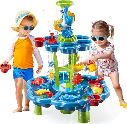 Water Table for Toddlers 3-5 4-8, 2-Tier 3 in 1 Kids Sand and Water Table, Summer Outdoor Beach Outside Backyard Activity Sensory Water and Sand Tables, Birthday Party Gift for Kids Boys and Girls