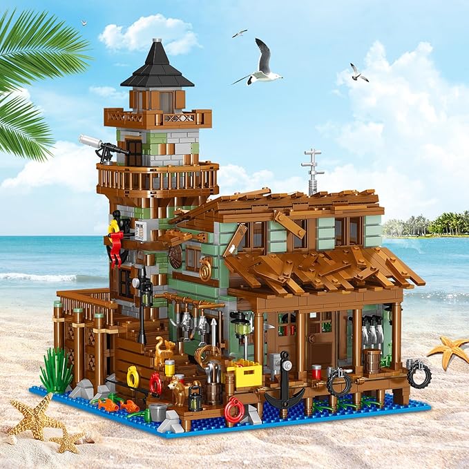 Fishing Village Store House Building Set with LED Light, 1881 PCS Wood Cabin Mini Building Block, STEM Architecture Toys Kit, Birthday Gift for Adults Ages 8-12+ Years(Not Compatible with Set )