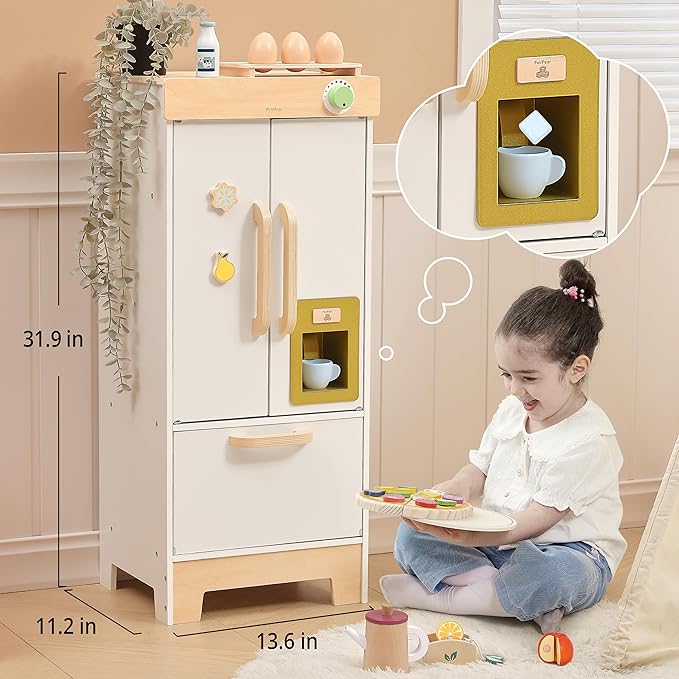 PairPear Kids Play Kitchen Toy Refrigerator, Wooden Toy Fridge Freezer Set for Kids, Toddler Kitchen Playset with Pretend Play Kitchen Acessories, Play Food Gift for Boys & Girls Age 3+