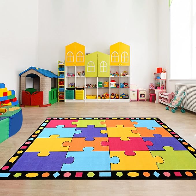 Booooom Jackson Classroom Rug 16 Seats 6'5" x 8'5" Kids Rug for Playroom Kindergarten Pre-K Preschool Homeschool Learning Library Reading Circle Time Activity Colorful Soft Non-Slip with Hard Floor
