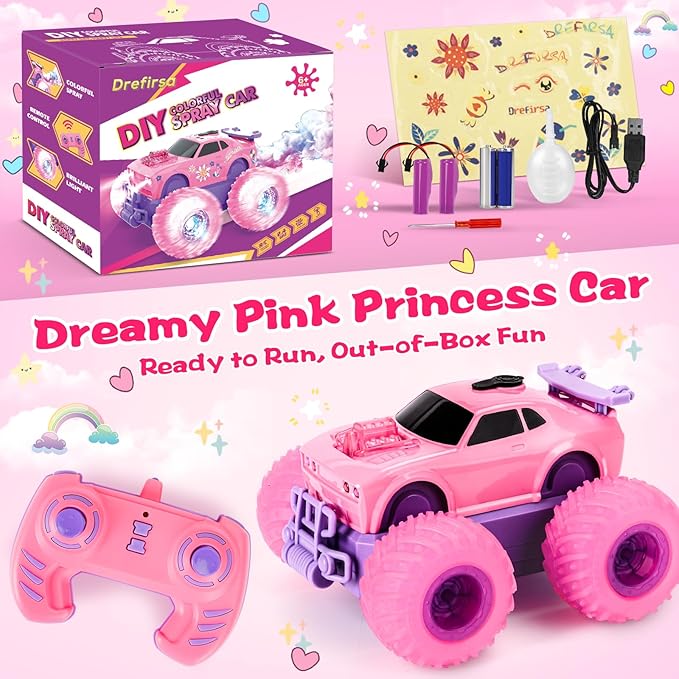 Pink Remote Control Car for Girl, 4WD RC Stunt Car with DIY Sticker, Headlight, Flashing Wheel Light, Rotation, Spin and Spray, Toy Cars for Girl Age 4-6 6-8 Birthday Gift