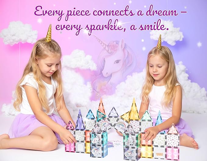 Glitter Unicorn Pony Magnetic Tiles: Building Blocks Toys for Kids - Hearts, Stars, Rainbow Castle Playset for Creative Kids, STEM Frozen Princess Birthday Gift for Girls Ages 3 4 5 6 7 8 and Up