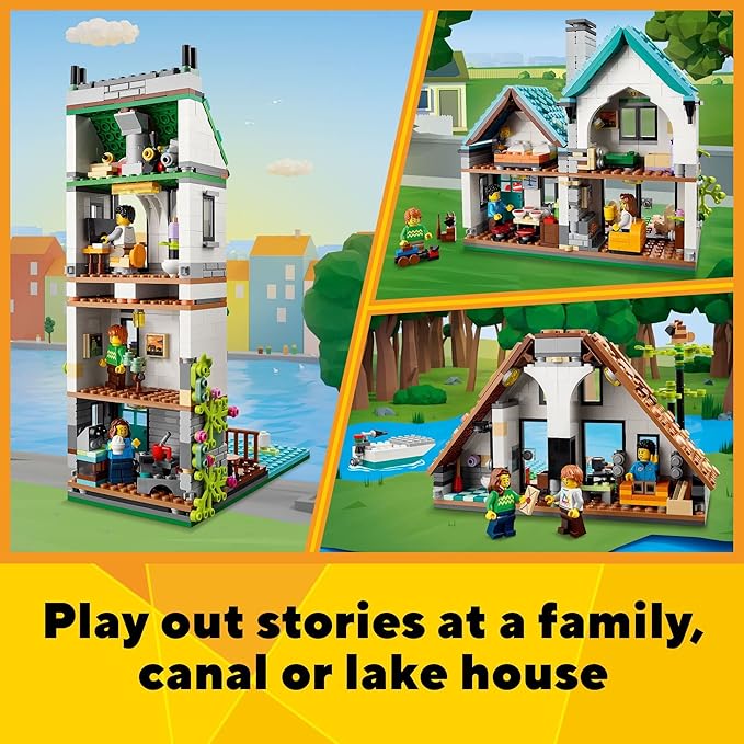 LEGO Creator 3 in 1 Cozy House Building Kit, Rebuild into 3 Different Houses, Includes Family Minifigures and Accessories, DIY Building Toy Ideas for Outdoor Play for Kids, Boys and Girls, 31139
