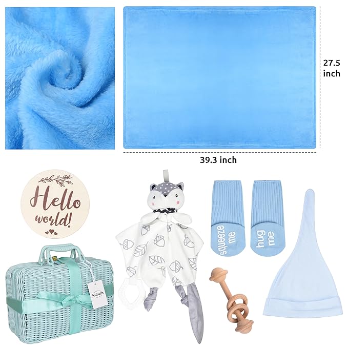 Newborn Baby Gift Set | Baby Gift Basket | Newborn Blanket, Wooden Teether, Security Blanket, Cap, Baby Bibs, Socks & Greeting Card (Blue)