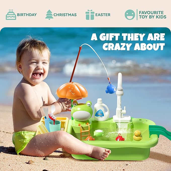 Play Sink with Running Water for Toddlers, Play Kitchen Sink Toy with Electric Faucet for Kids, Pretend Play Dishwasher Play Set with Floating Pool Toys and Fishing Game for Boys Girls