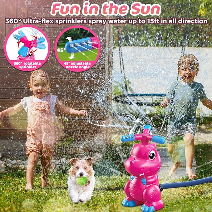 4-in-1 Dinosaur Water Sprinkler Baseball Toys, 360° Roating Spray Water Play Game, Water Splashing Toy for Kids Outdoor, Summer Backyard Lawn Pool Party Fun for Boys Girls (Pink)