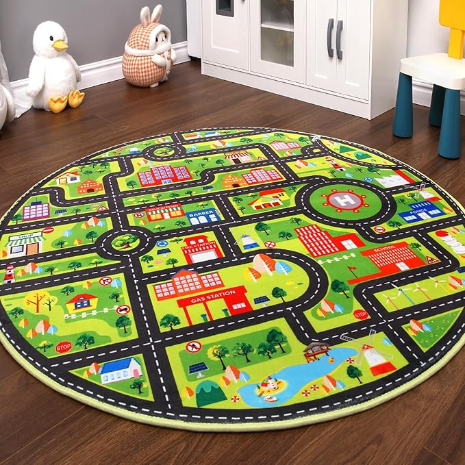 Round Rug 4x4 ft Kids Round Play Carpet City Traffic Road Kids Rug Low Pile Non Slip Fun Carpet for Kids Baby Learning Exercise Mat Educational Car Rug for Toddler Boy Bedroom Playroom Black