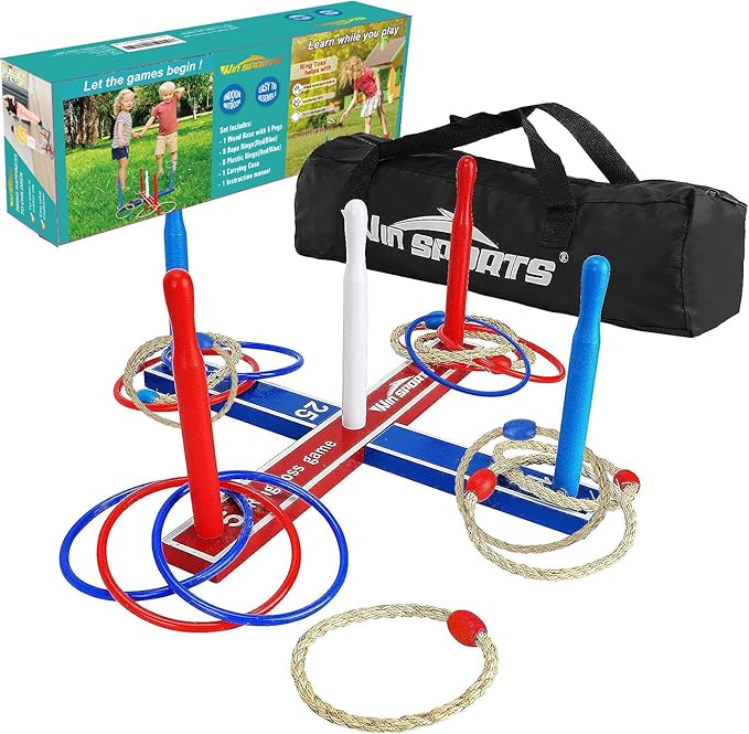 Premium Wooden Ring Toss Game Set - Win SPORTS Throwing Game Indoor Outdoor Games for Kids & Adults,Includes Wood Base,Fun Family or Friends Game