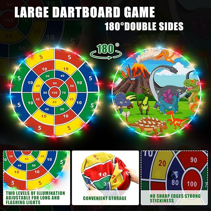 36" Large LED Dart Board, Double Sided Dartboard with 20 LED Sticky Balls Dinosaur Fun Giant Dartboard Shooting Toys Indoor Outdoor Sport Toys Dartboards Party Play Game Toys, Birthday Gifts