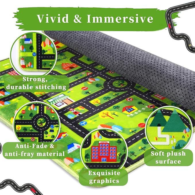 Round Rug 4x4 ft Kids Round Play Carpet City Traffic Road Kids Rug Low Pile Non Slip Fun Carpet for Kids Baby Learning Exercise Mat Educational Car Rug for Toddler Boy Bedroom Playroom Black