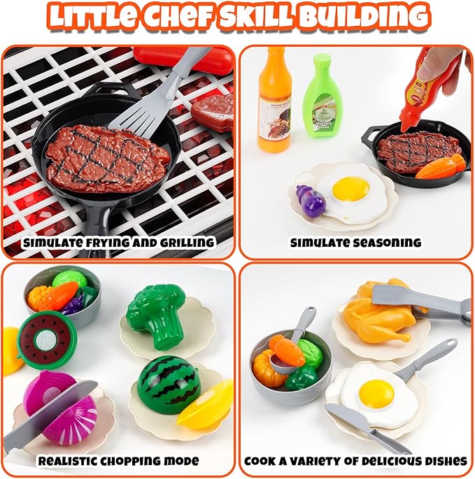 Kids BBQ Grill Playset,Indoor Kitchen Toy,Play Toy Grill Set with Fake Smoke Lights Sounds,Kids Grill Playset Kitchen Toys Set with Sink,2-Layer Barbecue Outdoor Play Grill Toy for Toddler Boys Girls