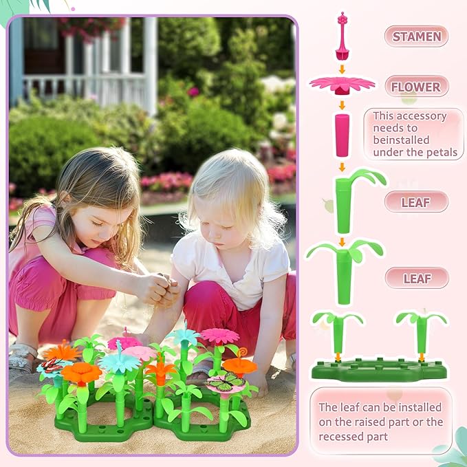 16Pcs Kids Gardening Tools Outdoor Toys Set Backyard Play with 93 PCS DIY Flower Garden Building Preschool Activities (Pink)