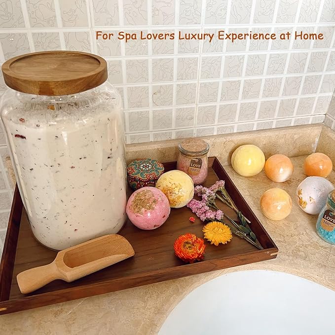 83 oz Bath Salts Glass Jar with Wooden Lid and Scoop,Bathroom Decor Container,Airtight Storage Bathtub Accessories for Women