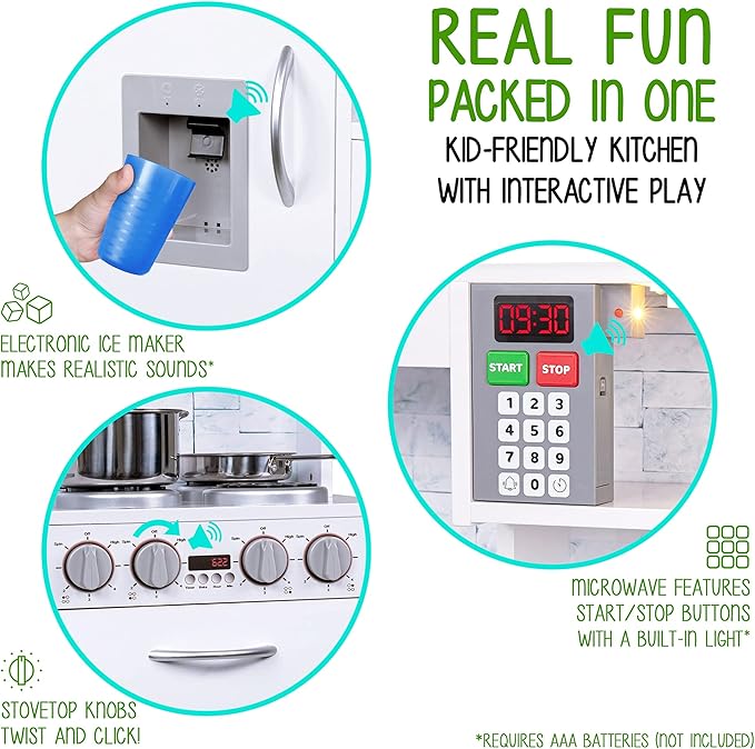 Lil' Jumbl Kids Kitchen Set, Pretend Wooden Play Kitchen, Battery Operated Icemaker & Microwave with Realistic Sound, Pots & Pan Included - White