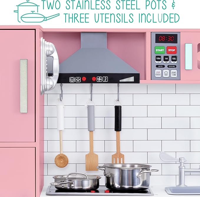 Lil’ Jumbl Kids Pink Kitchen Set, Pretend Wooden Play Kitchen, Battery Operated Icemaker, Microwave, Range Hood, Stove Top, Oven, with Realistic Sound & Lights, Pots, Pan, & Utensils Included