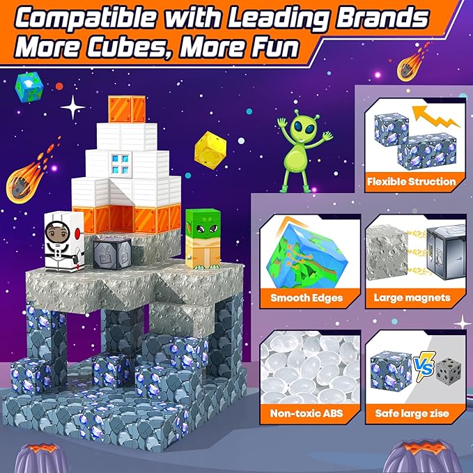 Magnetic Blocks Space Set, Build Mine Magnet World Set, Magnetic Tiles Building Toys for Boys & Girls Age 3-5 5-7, STEM Montessori Sensory Toys for Toddlers Gifts for 3+ Years Old