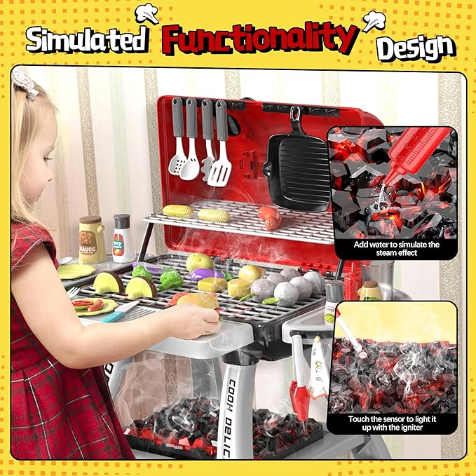 2-Layer BBQ Grill with Big Playset Gifts|Kids Outdoor Toys for Toddlers 3-5 6| Pretend Outdoor Toddler Boy Toys for 3 4 Year Old Boys| Kids Kitchen Playset Equipment Gift