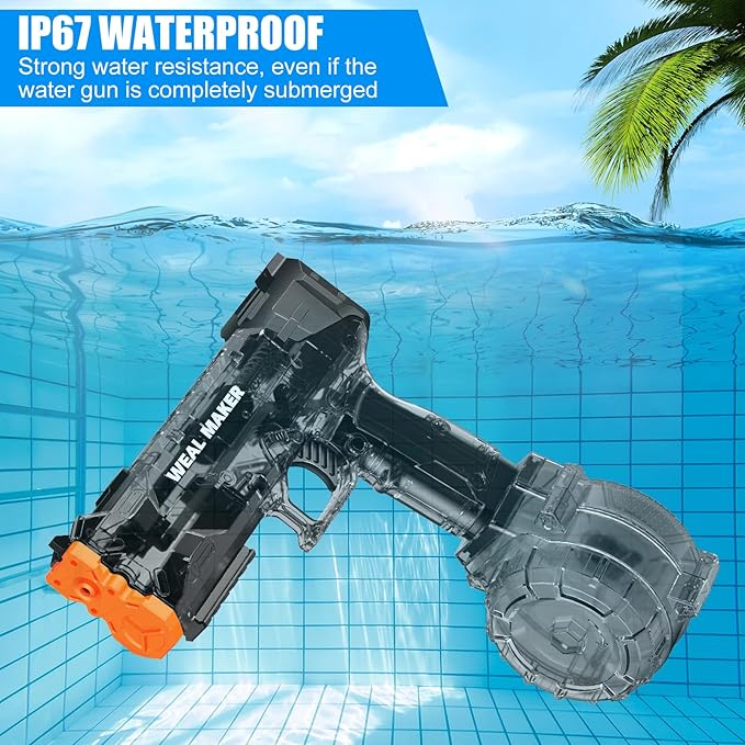 2 Pack Stronger Electric Water Gun for Kid/Aldult,Transparent Automatic Squirt Guns High Powered IP67 Waterproof, Water Guns with 400 Ammos for Outdoor Summer Beach Pool (Blue+Black)