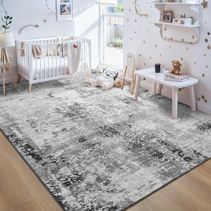 Area Rug 4x6 Grey Rug Washable Boho Rugs Non Slip Low Pile Abstract Small Carpet for Entryway, Bedroom, Kitchen, Classroom, Kids Room, Office, Dorm, Dining Room Gray
