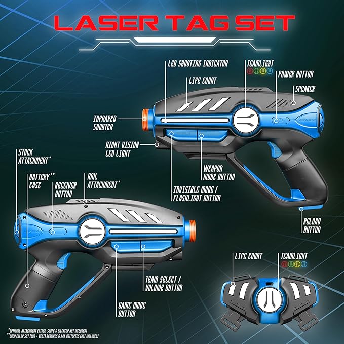 Laser Tag Set for Kids, Teens & Adults - 4 Blasters + 4 Vest Sensors with 4 Multi-Game Modes - Fun Ideas Age 8+ Year Old Toys - Lazer Teen Boy Games - Boys & Girls Outdoor Teenage Group Activities